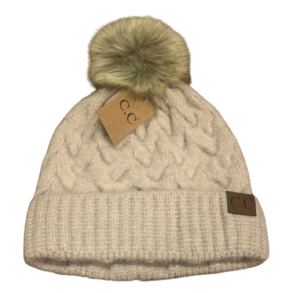 C.C NWT Women’s Knit Beanie Hat with Pom Pom | Beige | Twist Pattern